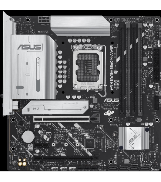 Материнская плата ASUS PRIME B860M-A WIFI, LGA 1851, Intel B860, 4xDDR5, 4xSATA, 2xM.2, 1xPCIe 5.0 x16, 1xPCIe 4.0 x16, 1xPCIe 4.0 x1, 2xDP, 1xHDMI, 1x 2.5Gb LAN, 1xUSB-C 20Gbps, 1xUSB-A 10Gbps, 2xUSB-A 5Gbps, 4xUSB-A 2.0, 3x3.5 мм, 7.1, micro-ATX.