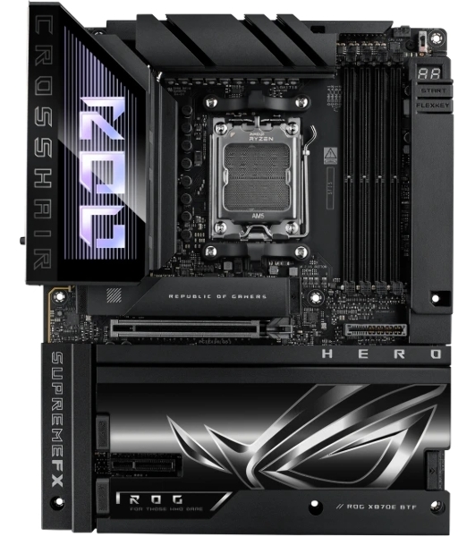 Материнская плата ASUS ROG CROSSHAIR X870E HERO BTF, AM5, AMD X870E, 4xDDR5, 4xSATA, 5xM.2, 1xPCIe 5.0 x16, 1xPCIe 4.0 x4, 1xHDMI, 1x2.5Gb LAN, 1x5Gb LAN, Wi-Fi 7, Bluetooth 5.4, 2xUSB-C 40Gbps (USB4 / Gen3x2), 2xUSB-C 20Gbps (USB 3.2 Gen2x2), 6xUSB-A 10Gbps, 3x3.5 мм, 7.1, ATX