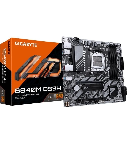 Материнская плата Gigabyte B840M DS3H, AM5, AMD B840, 4xDDR5, 4xSATA, 2xM.2, 1xPCIe 4.0 x16, 1xPCIe 3.0 x4, 2xDP, 1xHDMI, 1x2.5Gb LAN, 3xUSB-A 5Gbps, 8xUSB-A 2.0, 1xUSB-C 5Gbps, 3x3.5 мм, 7.1, mATX