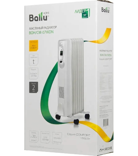 Обогреватель масляный Ballu Comfort BOH/CM-07WDN (7 секций) белый, 1500 Вт, 20 м2, термостат