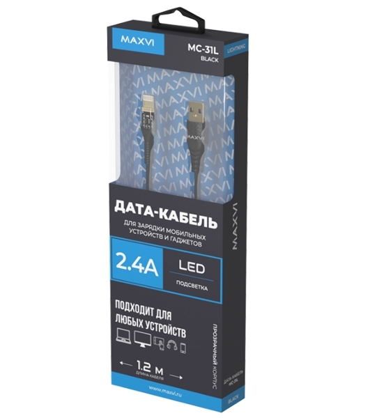 Дата-кабель Maxvi MC-31L USB-Lightning 2.4А, прозрачный корпус, LED подсветка, 1.2м, черный