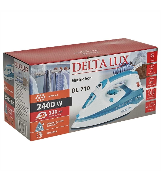 Утюг Delta LUX DL-710 белый с серо-голубым, 2400 Вт, 25 г/мин, 130 г/мин, 320 мл