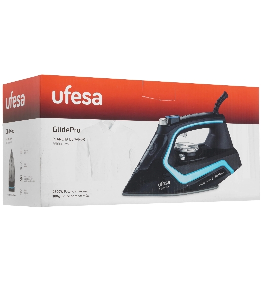Утюг Ufesa PV2600 GLIDEPRO черный/голубой, 2600 Вт, 35 г/мин, 180 г/мин, 280 мл