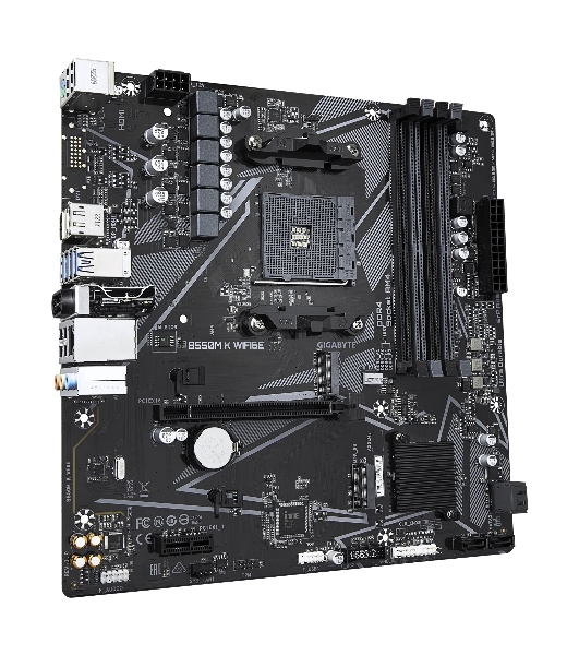 Материнская плата Gigabyte B550M-K WIFI6E, AM4, AMD B550, 4xDDR4, 4xSATA, 2xM.2, 1xPCIe 4.0 x16, 1xPCIe 3.0 x1, 1xHDMI, 1xDP, 1x1Gb LAN, Wi-Fi 6E, Bluetooth 5.3, 4xUSB-A 5Gbps, 4xUSB-A 2.0, 1xPS/2, 3x3.5 мм, 7.1, mATX