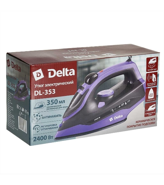 Утюг Delta DL-353 черный с фиолетовым, 2400 Вт, 28 г/мин, 135 г/мин, 350 мл