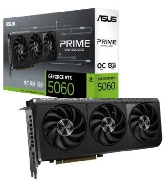 Видеокарта Asus PRIME RTX 5060-O8G, NVIDIA RTX 5060, 8Gb, GDDR7, 128 bit, PCI-E 5.0, HDMIx1, DPx3, HDCP, 2595 MHz