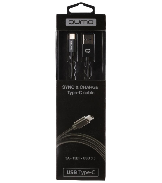Кабель Qumo Type-С кабель, 1м, USB 3.0, 5В, 3А, 15Вт, металлическая оплетка, металлический коннектор, черный