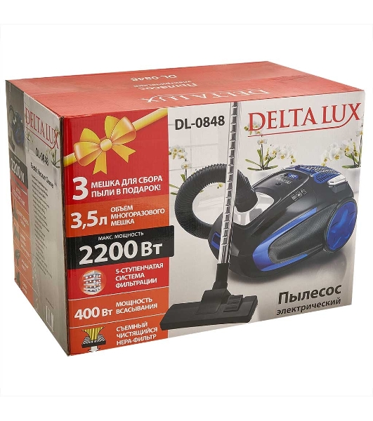 Пылесос Delta LUX DL-0848 черный/синий, 400/2200 Вт, уборка сухая, пылесборник мешок 3,5 л