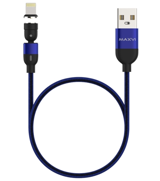 Кабель Maxvi MCm-02L blue, USB-A - Lightning, 2A, магнитный разъем, LED ток макс. нагрузки 2А, макс. напряжение 5V; стандарт USB 2.0; длина 1.5м, нейлоновая оплетка, съемный магнитный коннектор, LED подсветка, синий
