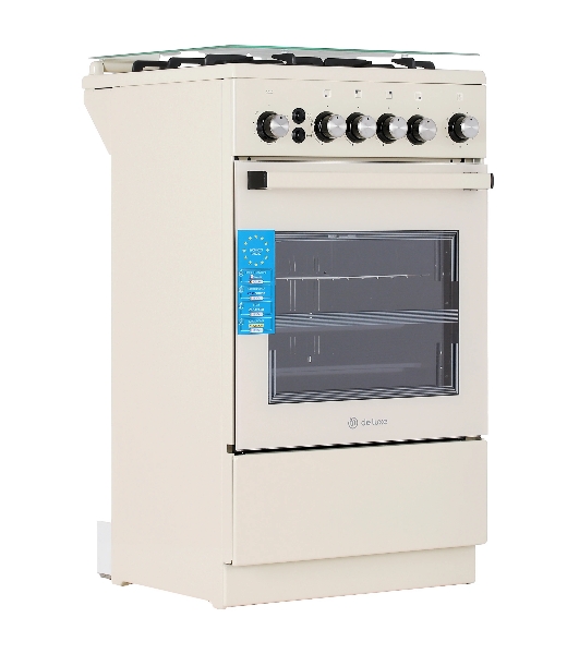 Плита газовая De Luxe 5040.40Г (КР) ЧР-013 бежевый, конфорок 4 газовых, духовка 46 л, 50 см x 85 см x 50 см