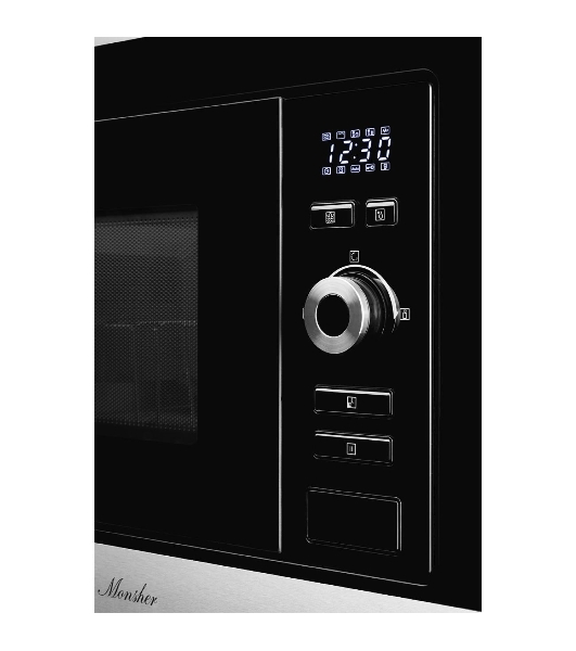 Встраиваемая микроволновая печь Monsher MMH 201 BX 60 см, 20 л, 8 автоматических кулинарных программ, 5 режимов мощности, функция размораживания по весу полуфабрикатов или по времени, черный и нерж.