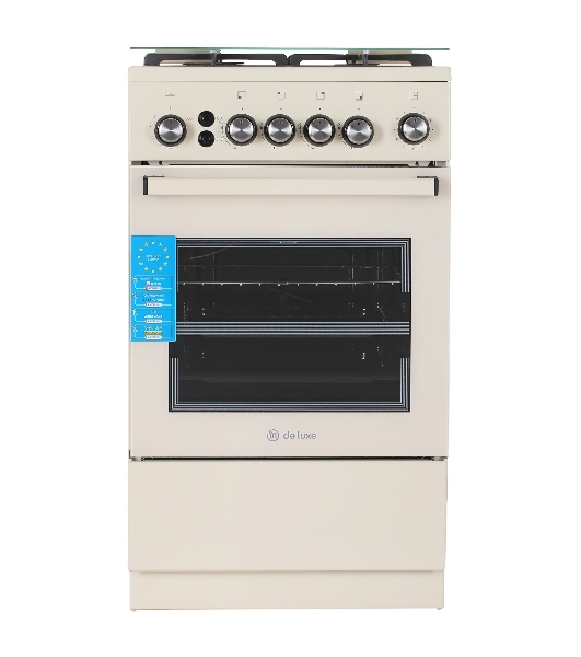 Плита газовая De Luxe 5040.40Г (КР) ЧР-013 бежевый, конфорок 4 газовых, духовка 46 л, 50 см x 85 см x 50 см