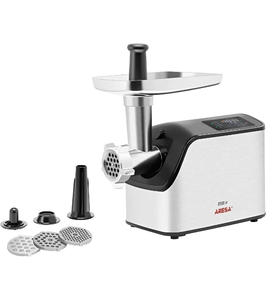 Мясорубка электрическая ARESA AR-2107 серебристый, 2500 Вт, 2.8 кг/мин, реверс, защита от перегрузки, насадки - 5