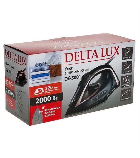 Утюг Delta Lux DE-3001 черный/бронзовый, 2000 Вт, 20±5 г/мин, 130 г/мин, 320 мл