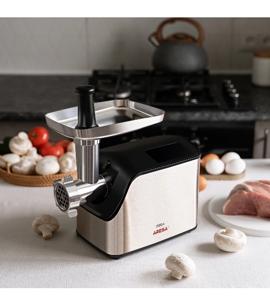 Мясорубка электрическая ARESA AR-2107 серебристый, 2500 Вт, 2.8 кг/мин, реверс, защита от перегрузки, насадки - 5