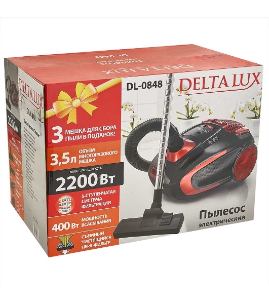 Пылесос Delta LUX DL-0848 черный/красный, 400/2200 Вт, уборка сухая, пылесборник мешок 3,5 л