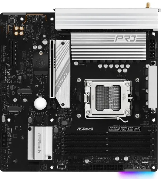 Материнская плата ASRock B650M Pro X3D WiFi, AM5, AMD B650, 4xDDR5, 4xSATA, 3xM.2, 1xPCIe 5.0 x16, 1xPCIe 4.0 x4, 1xHDMI, 1xDP, 1x2.5Gb LAN, Wi-Fi 6E, Bluetooth 5.2, 1xUSB-C 10Gbps, 1xUSB-A 10Gbps, 2xUSB-A 5Gbps, 4xUSB-A 2.0, 3x3.5 мм, 7.1, mATX