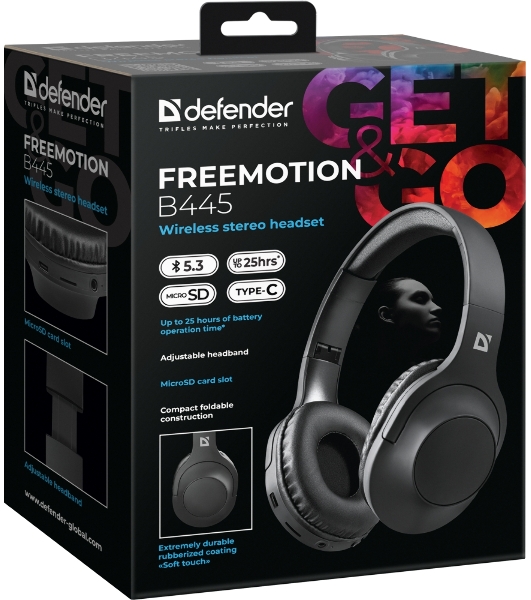 Гарнитура Defender FreeMotion B445 чёрный, беспроводная, Bluetooth, до 25 ч