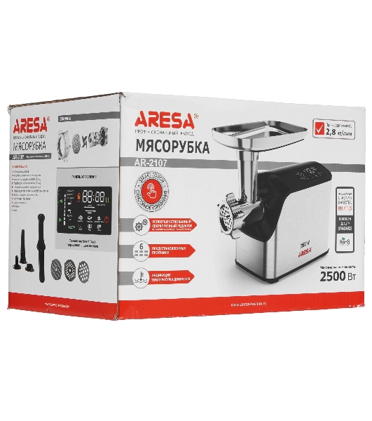 Мясорубка электрическая ARESA AR-2107 серебристый, 2500 Вт, 2.8 кг/мин, реверс, защита от перегрузки, насадки - 5