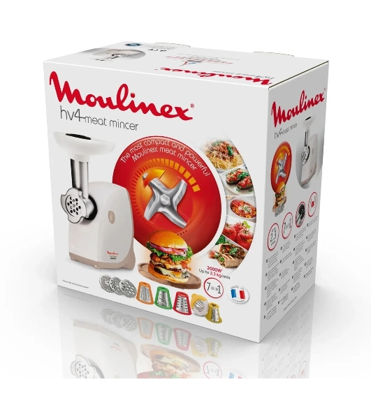 Мясорубка электрическая Moulinex ME476132 белый/бежевый, 2000 Вт, 2.3 кг/мин, защита от перегрузки, насадки - 9