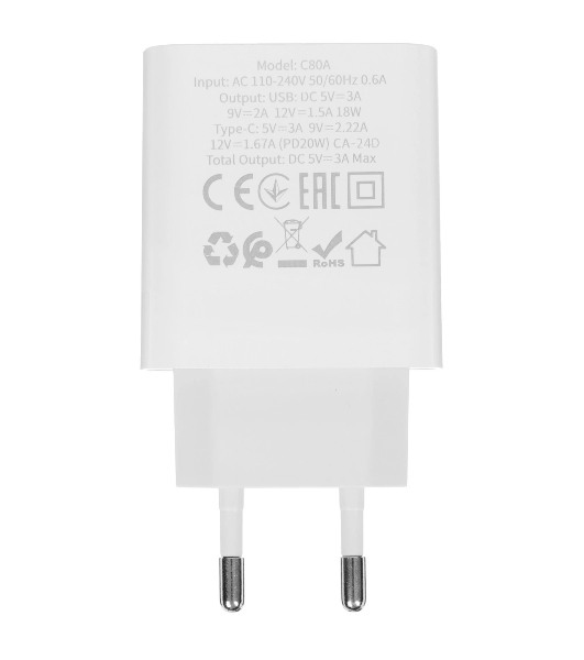 Блок питания (сетевой адаптер) HOCO C80A Rapido PD+QC3.0, 20W два порта (1хUSB-A, 1хType-C), белый