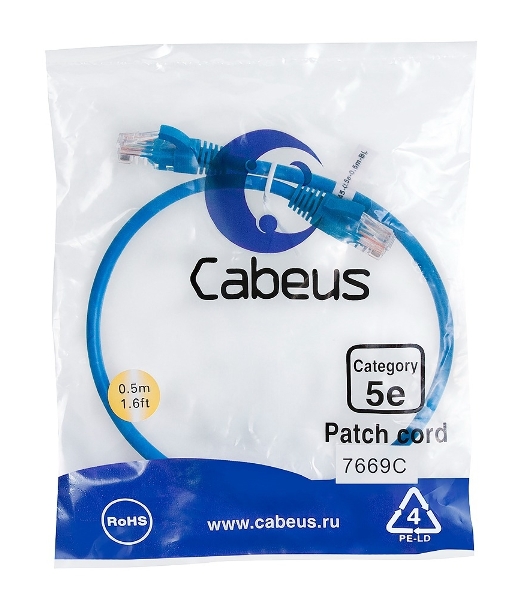 Шнур комм. Cabeus, кат. 5е, неэкр., U/UTP, RJ45/RJ45, LSZH, AWG24, 0.5м, синий