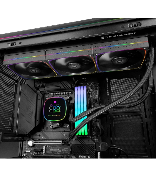 Система жидкостного охлаждения Thermalright Frozen Horizon 360 Digital (360мм, LED temp., Black, ARGB/Fans: 3x120мм, 68.9CFM, 28.2dBA, 2000RPM/Pump height 53.2мм, Rad thickness 27мм/S: 1700, 1200, 1851, 115X, AM5, AM4)