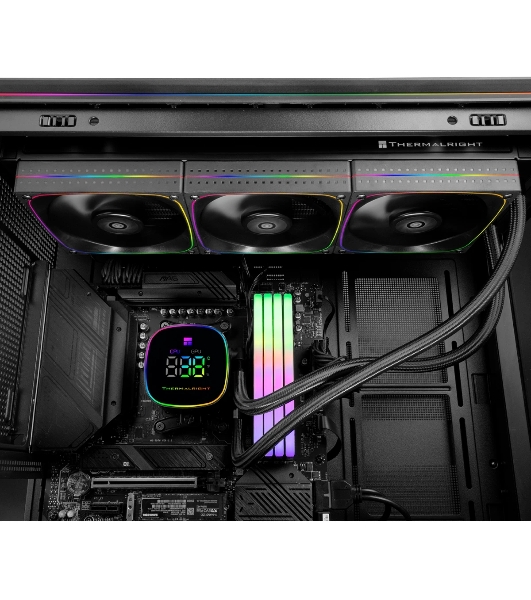 Система жидкостного охлаждения Thermalright Frozen Horizon 360 Digital (360мм, LED temp., Black, ARGB/Fans: 3x120мм, 68.9CFM, 28.2dBA, 2000RPM/Pump height 53.2мм, Rad thickness 27мм/S: 1700, 1200, 1851, 115X, AM5, AM4)