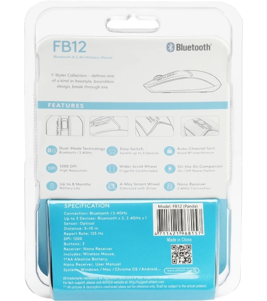 Мышь беспроводная A4Tech Fstyler FB12 белый/черный, 1200 dpi, радиоканал, Bluetooth, USB, кнопки - 3