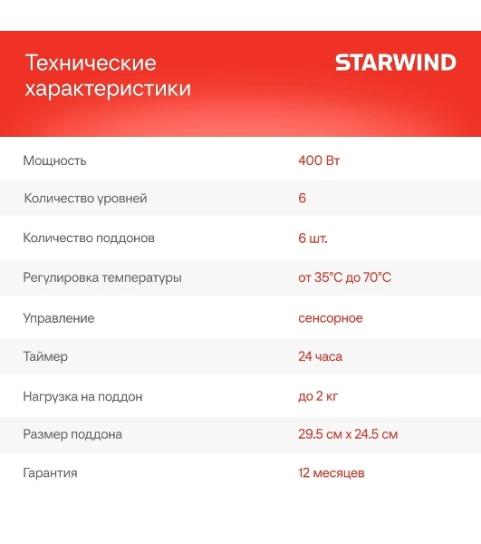 Сушилка для овощей и фруктов StarWind SFD6430, синий, 6 поддонов