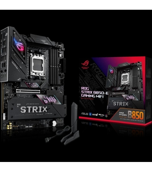 Материнская плата ASUS ROG STRIX B850-E GAMING WIFI, AM5, AMD B850, 4xDDR5, 4xSATA, 5xM.2, 1xPCI-E 5.0 x16, 1xPCI-E 4.0 x16, 1xRealtek 5Gb Ethernet, 1xUSB-C 4, 1xUSB-C 20Gbps, 6xUSB-A 10Gbps, 4xUSB-A 2.0, 3x3.5 мм, 7.1, ATX