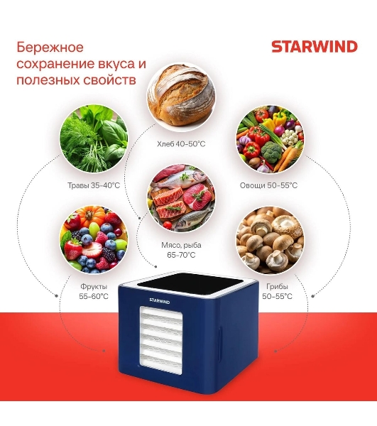 Сушилка для овощей и фруктов StarWind SFD6430, синий, 6 поддонов