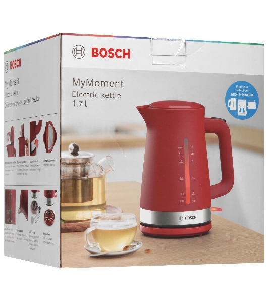 Электрочайник Bosch TWK4M224 красный, 1.7 л, 2200 Вт, скрытый нагревательный элемент