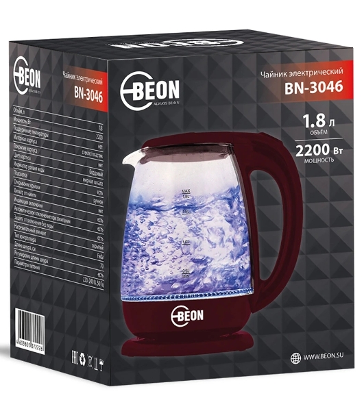 Электрочайник BEON BN-3046 бордовый, 1.8 л, 2200 Вт, скрытый нагревательный элемент