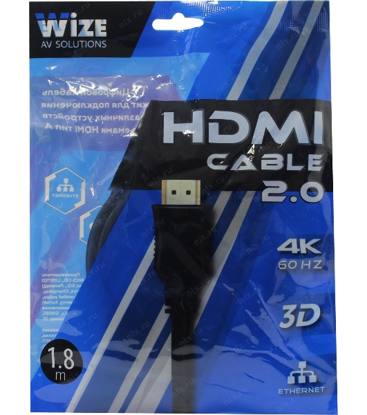 Кабель HDMI C-HM-HM-1.8M Wize, 1.8 м, v.2.0, 19M/19M, позол.разъемы, экран, черный, пакет