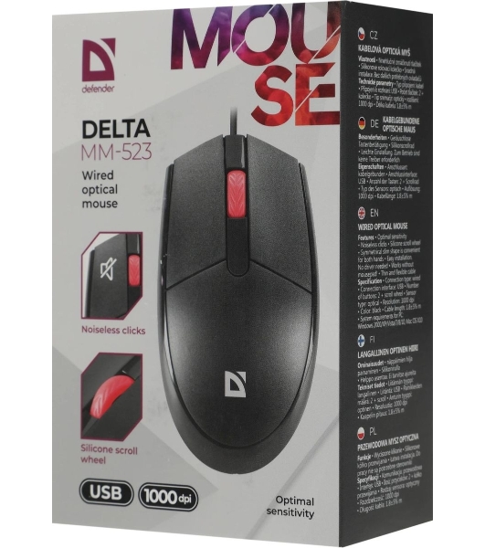 Мышь проводная Defender Delta MM-523 черный, 1000 dpi, USB, кнопки - 3