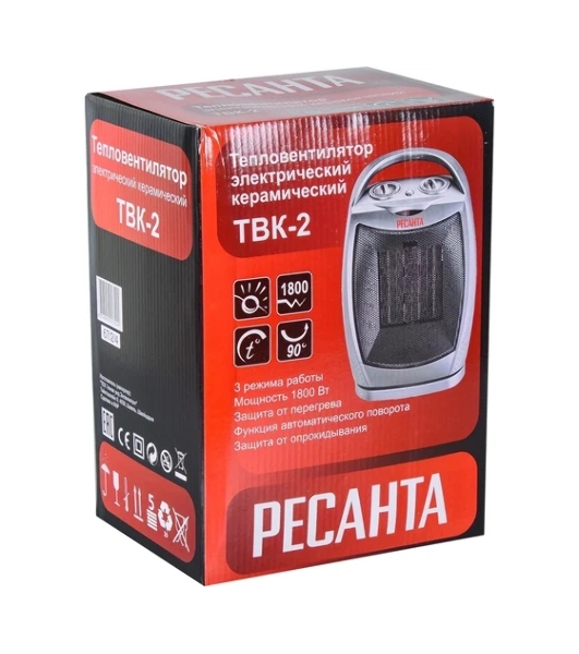 Тепловентилятор Ресанта ТВК-2, серебристый, 900/1800 Вт, 18 м2, термостат, поворот корпуса 67/2/4