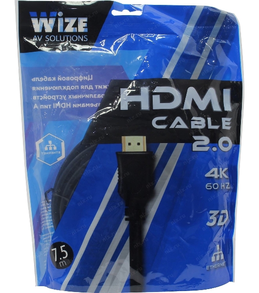 Кабель HDMI C-HM-HM-7.5M Wize, 7.5 м, v.2.0, 19M/19M, позол.разъемы, экран, черный, пакет