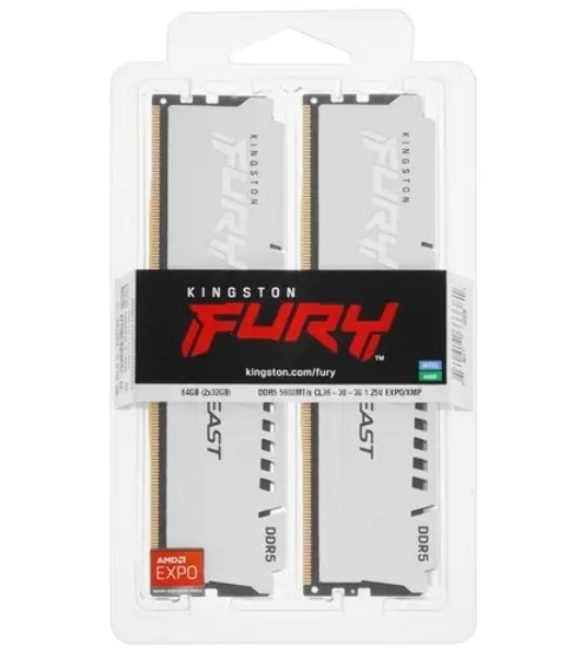 Оперативная память Kingston Fury Beast, DDR5, 64Gb (2x32 GB), 5600 MHz, CL36, DIMM, радиатор, белый