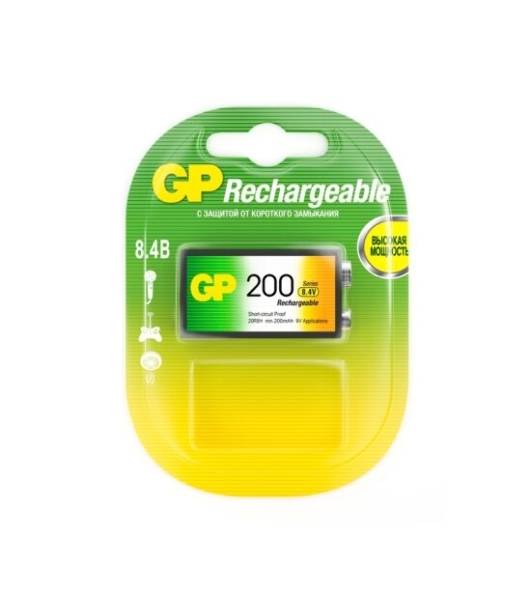 Батарейка аккумуляторная GP, Крона (20R8H, 6F22), Ni-Mh, 200 mAh, 1 шт., в блистере, 20R8H-2CRU1