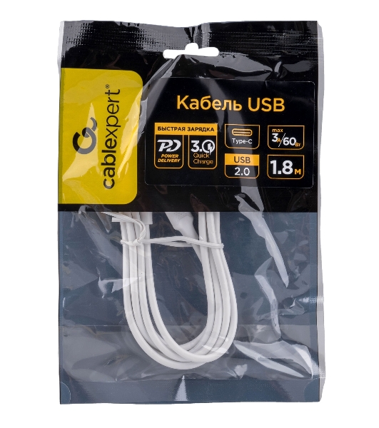 Кабель USB2.0 Cablexpert CC-USB2-CMCM-60-1.8M-W, Type-C/Type-C, 3A, 60Вт, PD/QC3.0, медь, 1.8м, белый, пакет