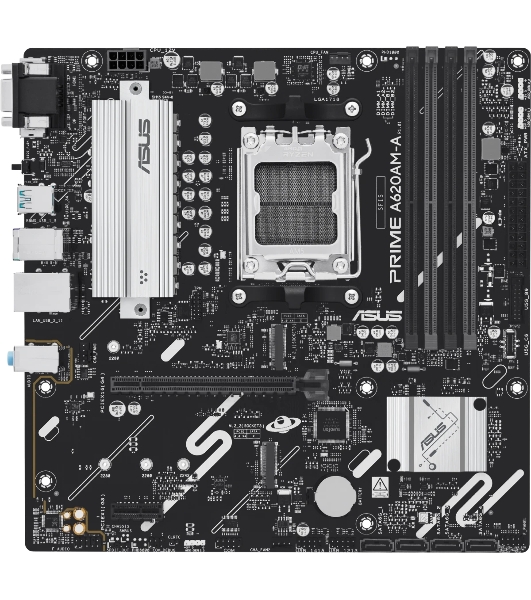 Материнская плата ASUS PRIME A620M-A-CSM, AM5, AMD A620, 4xDDR5, 4xSATA, 2xM.2, 1xPCIe 4.0 x16, 2xPCIe 3.0 x1, 1xVGA, 1xHDMI, 1xDP, 1x1Gb LAN, 2xUSB-A 5Gbps, 4xUSB-A 2.0, 3x3.5 мм, 7.1, mATX