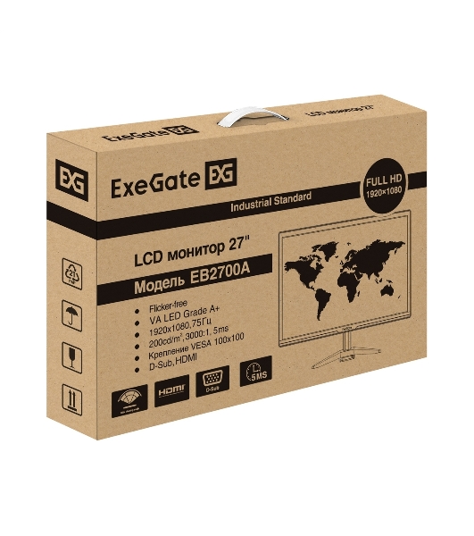 Монитор 27' ExeGate EB2700A VA 1920x1080, 75 Гц, 5 мс, 16:9, 200 кд/м², 1xHDMI, 1xVGA, черный