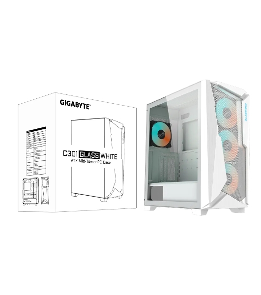 Компьютерный корпус Gigabyte C301 Glass White MidTower, ATX, USB-C x1, USB 3.0 x2, Audio I/O, GPU:400мм, Black, TG