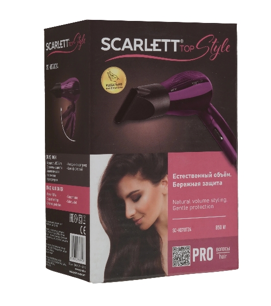 Фен Scarlett SC-HD70T24 фиолетовый/черный, 850 Вт, компактный