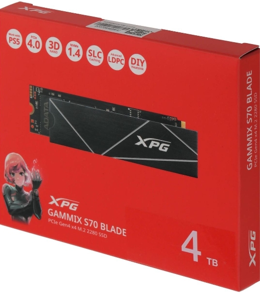 Накопитель SSD ADATA XPG BLADE S70, 4Tb, PCIe 4.0 x4, M.2 2280, NVMe, R/W 7400/6600, с радиатором