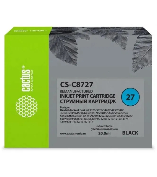 Картридж струйный Cactus CS-C8727 №27 черный (20 мл) для HP DeskJet 3320, 3420, 3520, 3535, 3550, 3645, 3650, 3740, 3840, 5150, OfficeJet 4211, 4251, 4311, 4352, 5600, 5610, PSC 1310, 1340, 1350