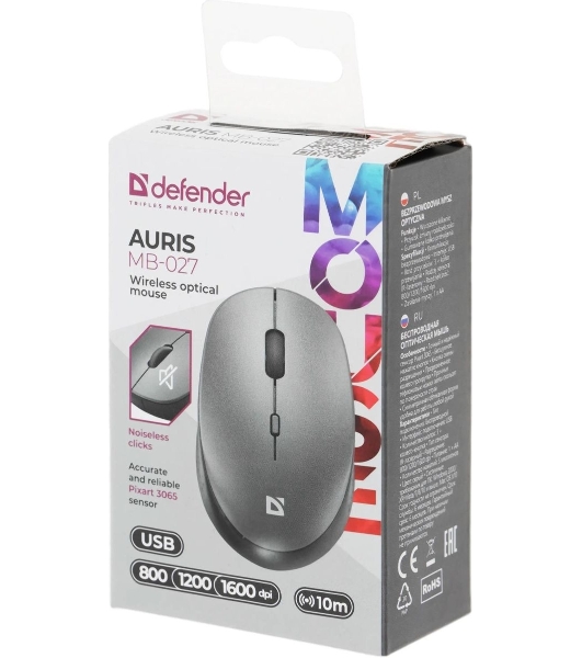 Мышь беспроводная Defender Auris MB-027 серый, 1600 dpi, радиоканал, USB, кнопки - 4