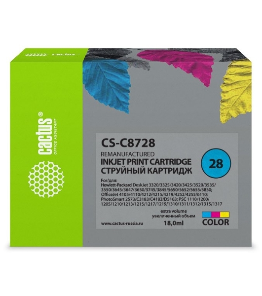 Картридж струйный Cactus CS-C8728 №28 многоцветный (18 мл) для HP DeskJet 3320, 3420, 3520, 3535, 3550, 3645, 3650, 3740, 3840, 5150, Fax 1240, OfficeJet 4105, 4110, 4211, 4251, 5500, 5510, PSC 1110, 1200, 1210, 1310, 1340, 1350