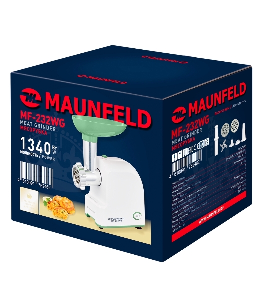 Мясорубка электрическая Maunfeld MF-232WG зеленый, 1340 Вт, 1.3 кг/мин, реверс, насадки - 4